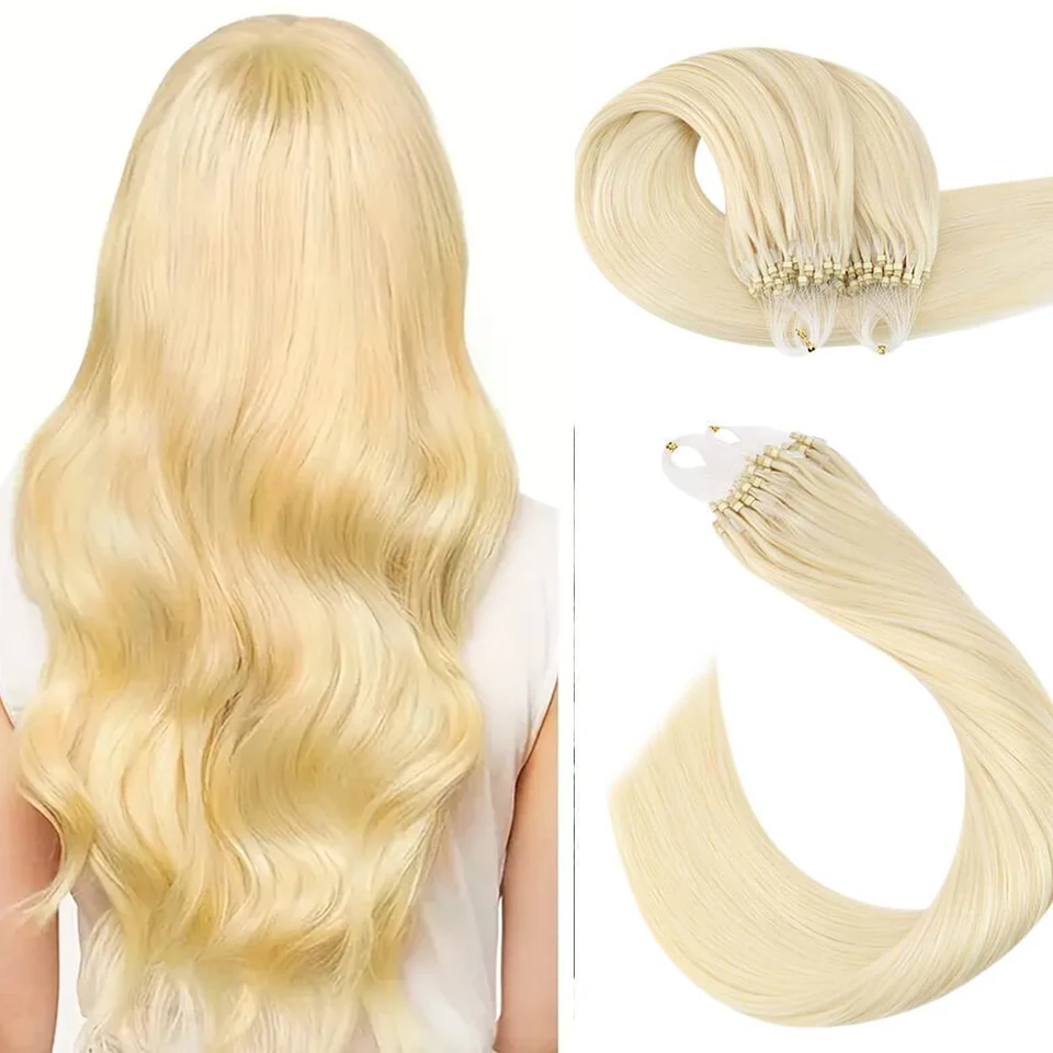 Micro Loop Hair Extensions Human Hair LinksPre Bonded Cold Fusion Tipped Fish Line For Women Straight #613 Blonde 50g/Pack