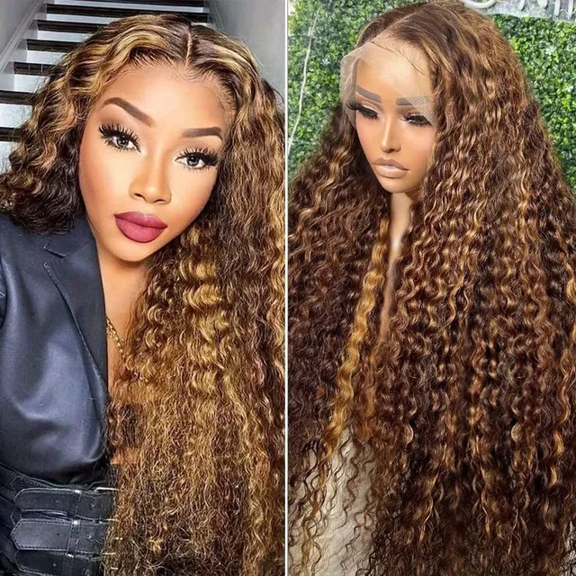 4/ 27 mettre en évidence miel brun bouclés Transparent HD 13x4 dentelle frontale réel perruques de cheveux humains Ombre couleur vague d'eau profonde pleine perruques 1
