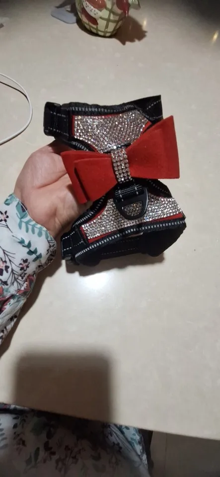 "Sparkle & Safety: Reflective Rhinestone Dog Harness with Bowknot photo review