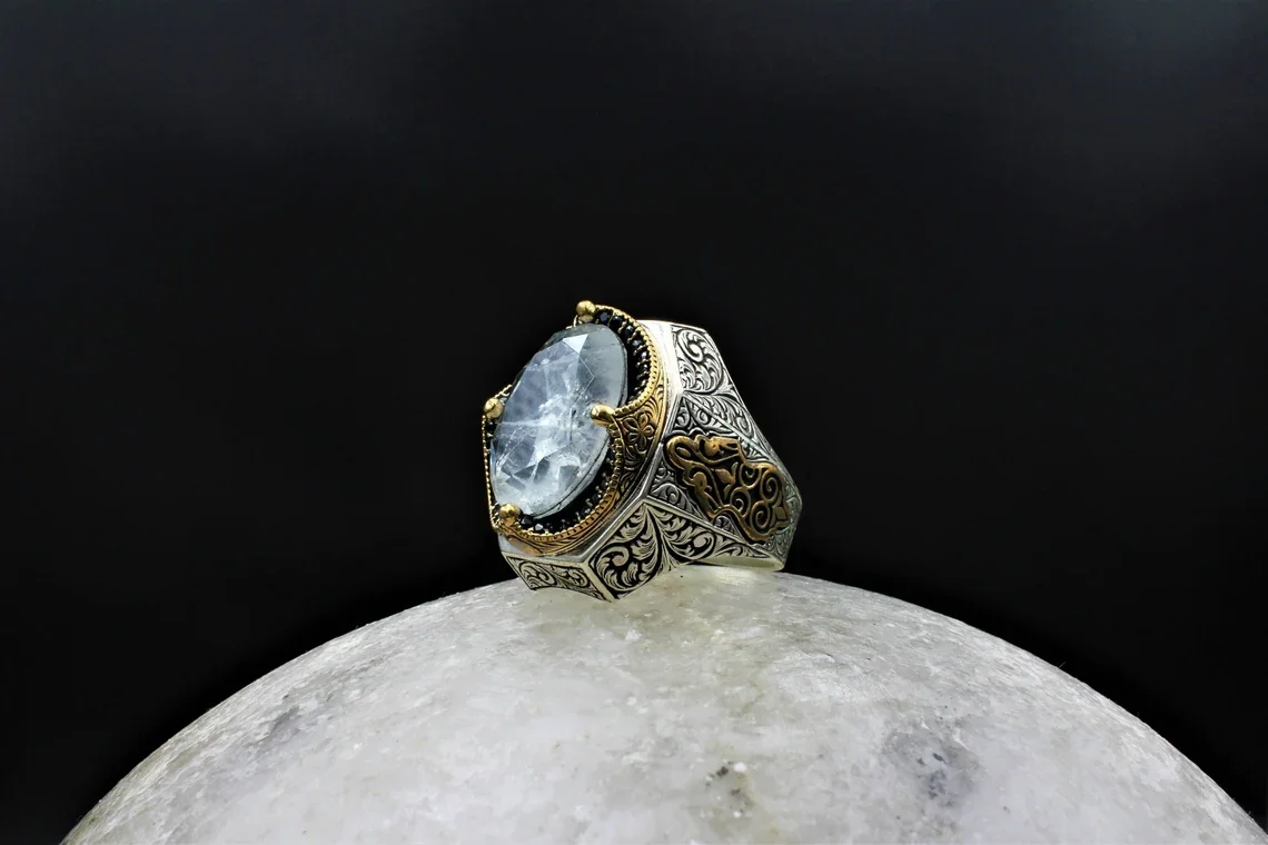 

Sultan Series Premium Floral Engraved King Crown Oval White Paraiba Tourmaline 925K Silver Vintage Ring, Authentic Ottoman Style