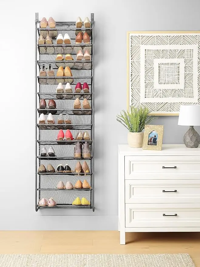 White over-the-door shoe organizer. Holds 36 pairs, metal and mesh design. Space-saving and durable. 6