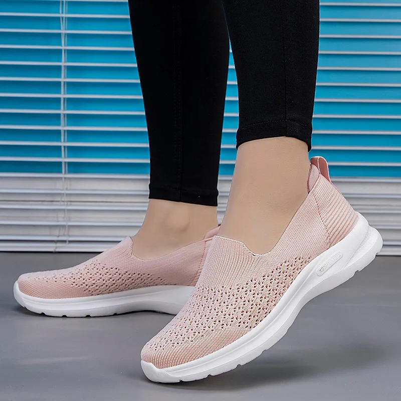 Slip-On Women Vulcanized Shoes Breathable Mesh Sport Sneakers Anti-Slip Flats Shoes Knitted Soft Sole Running Shoes Size 35-41
