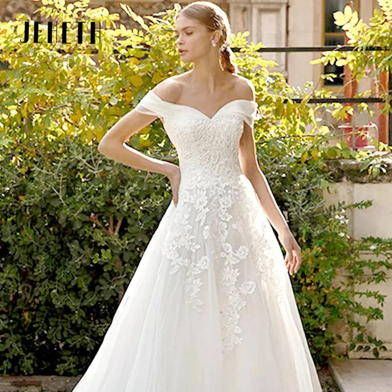 

JEHETH Wedding Dresses For Women A Line Lace Appliques Sexy Backless Bridal Gown Off the Shoulder Tulle Vestidos De Novia