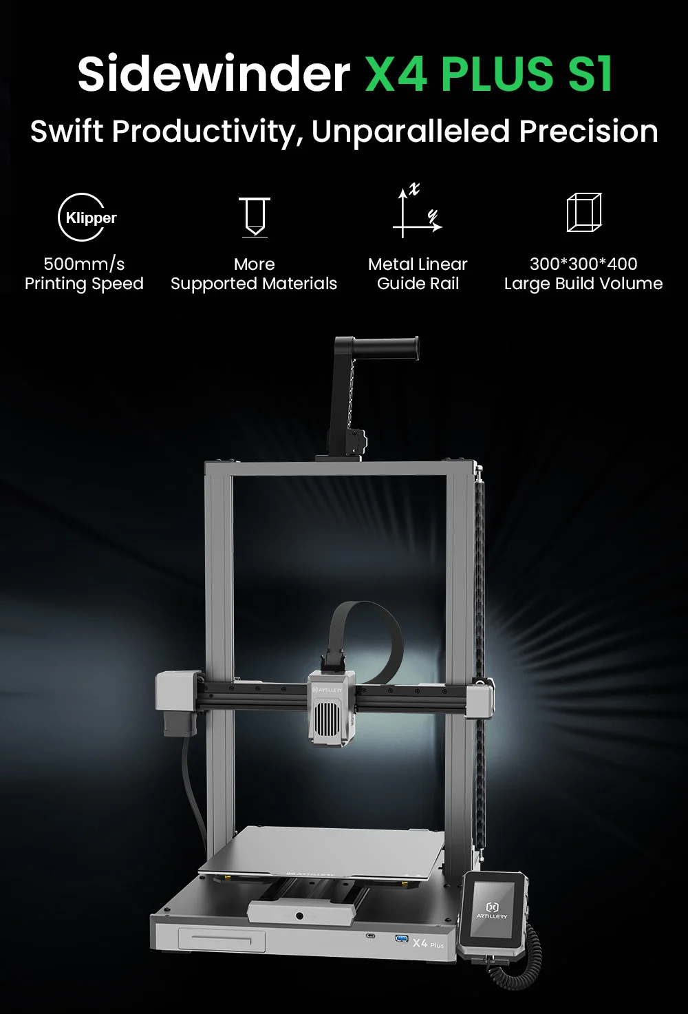 Artillery Sidewinder X4 Plus S1 3D yazıcının çerçeve ve baskı alanını gösteren yan görünümü
