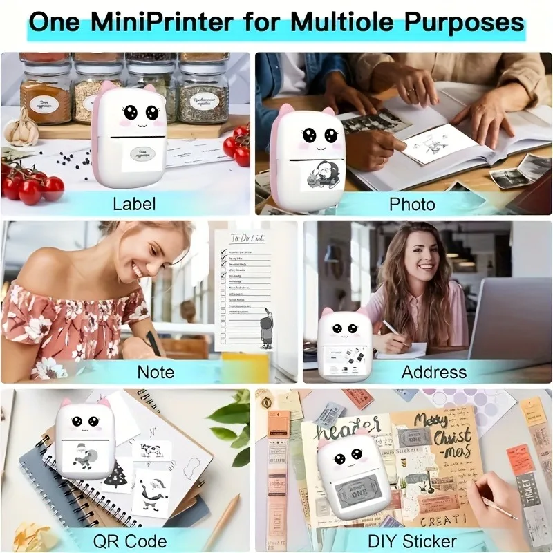 휴대용 무선 미니 프린터 키트 - 감열 라벨 메이커, 귀여운 디자인, 무선 모바일 프린팅, 잉크 없는 친환경 노트용