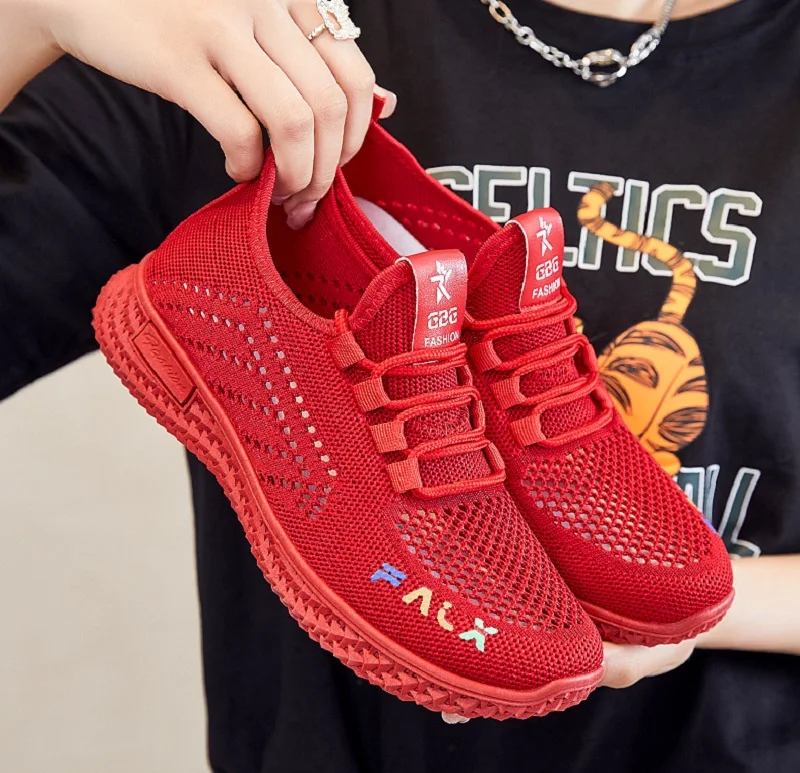 Slip-On Women Vulcanized Shoes Breathable Lace Up Sport Sneakers Anti-Slip Mesh Flats Shoes Soft Sole Running Shoes Size 35-40