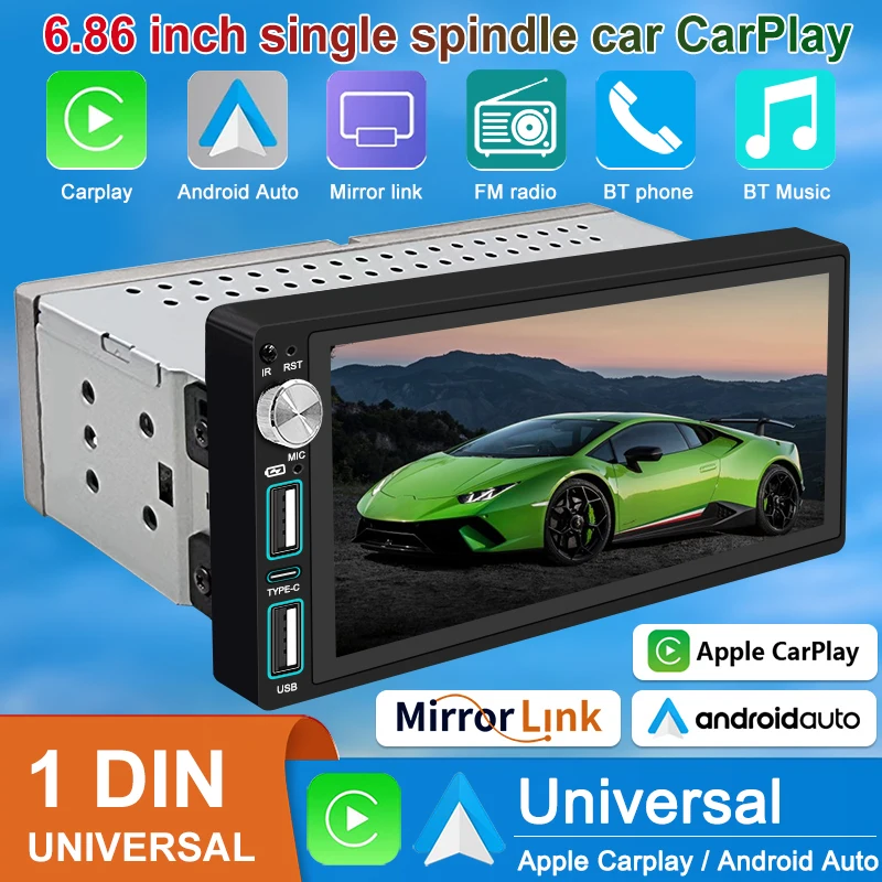 

1 Din 6.86 Inch Android Car Radio CarPlay ＆ Android Auto Wifi Bluetooth Handsfree GPS FM Aux USB HD Touch Screen MP5 Player