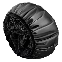Elegant Reusable Microfiber Shower Cap with Silky Satin Finish - 100% Waterproof (Black)