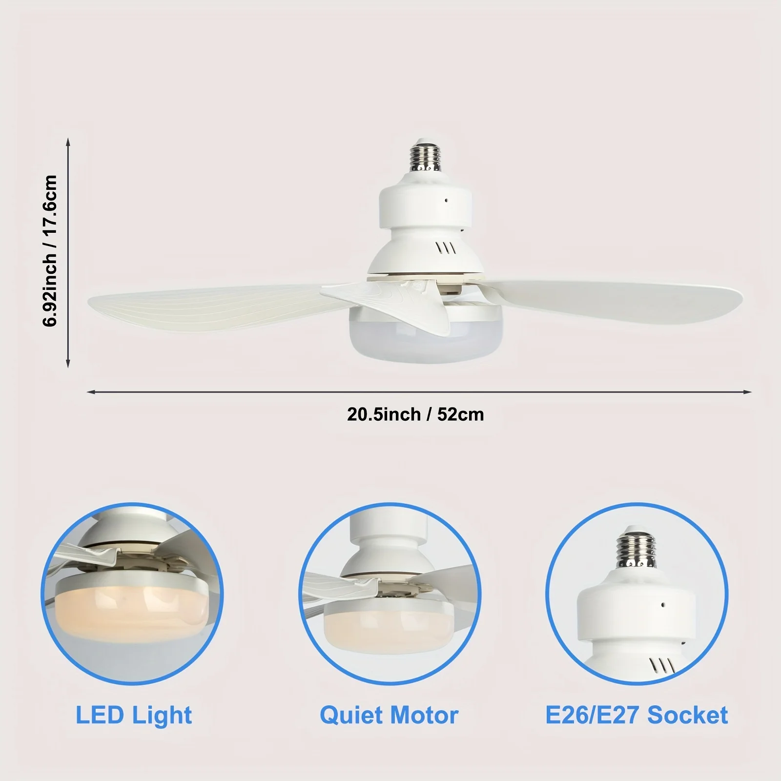 Ventilador de soquete com controle remoto, ventilador de teto pequeno de 20,5 polegadas com LED, ventilador de parafuso de luz sem fio E26/27 para cozinha, quarto, sala pequena