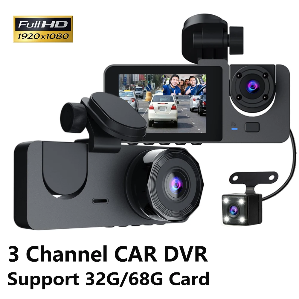 

3 Channel Car DVR FHD 1080P 3-Lens Inside Vehicle Dash Cam Three Way Camera DVRs Recorder Video Registrator Dashcam Camcorder