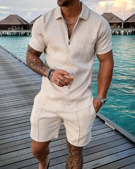 Camiseta de moda de Color sólido para hombre, traje deportivo informal de playa, Polo de lujo con cremallera y pantalones cortos, traje de alta calidad 3
