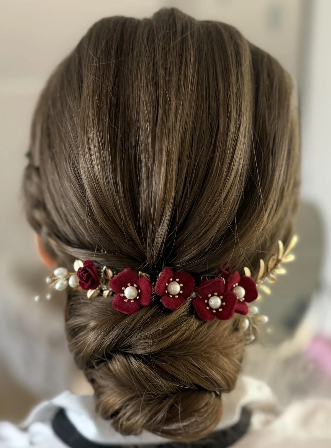 Burgundy Red Flower Head Piece Pearl Hair Comb Pin Women Brides Evening Party Dress Hairpin Bridal Jewelry Wedding Accessories