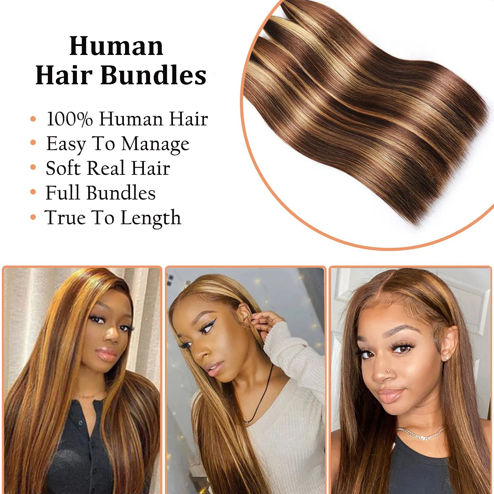 Straight Human Hair Bundles P4/27 Color Brazilian Real Human Hair Extentions Double Wefts Remy Bundles 22 24 26 For Women