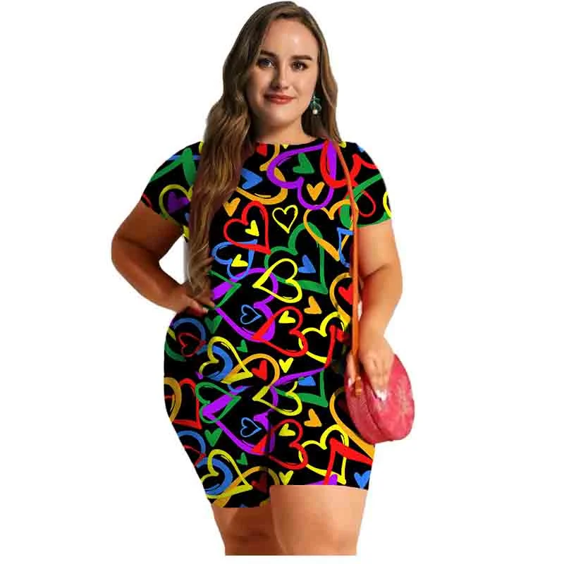 PlusSizeWomensOutfits2022FashionPrintOversizeTshirtsShorts
