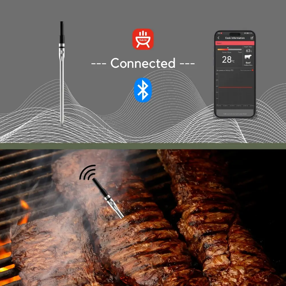 Wireless Meat Thermometer Waterproof Probe Bluetooth Digital Kitchen Thermometer with Temperature Display Screen & APP wireless meat thermometer