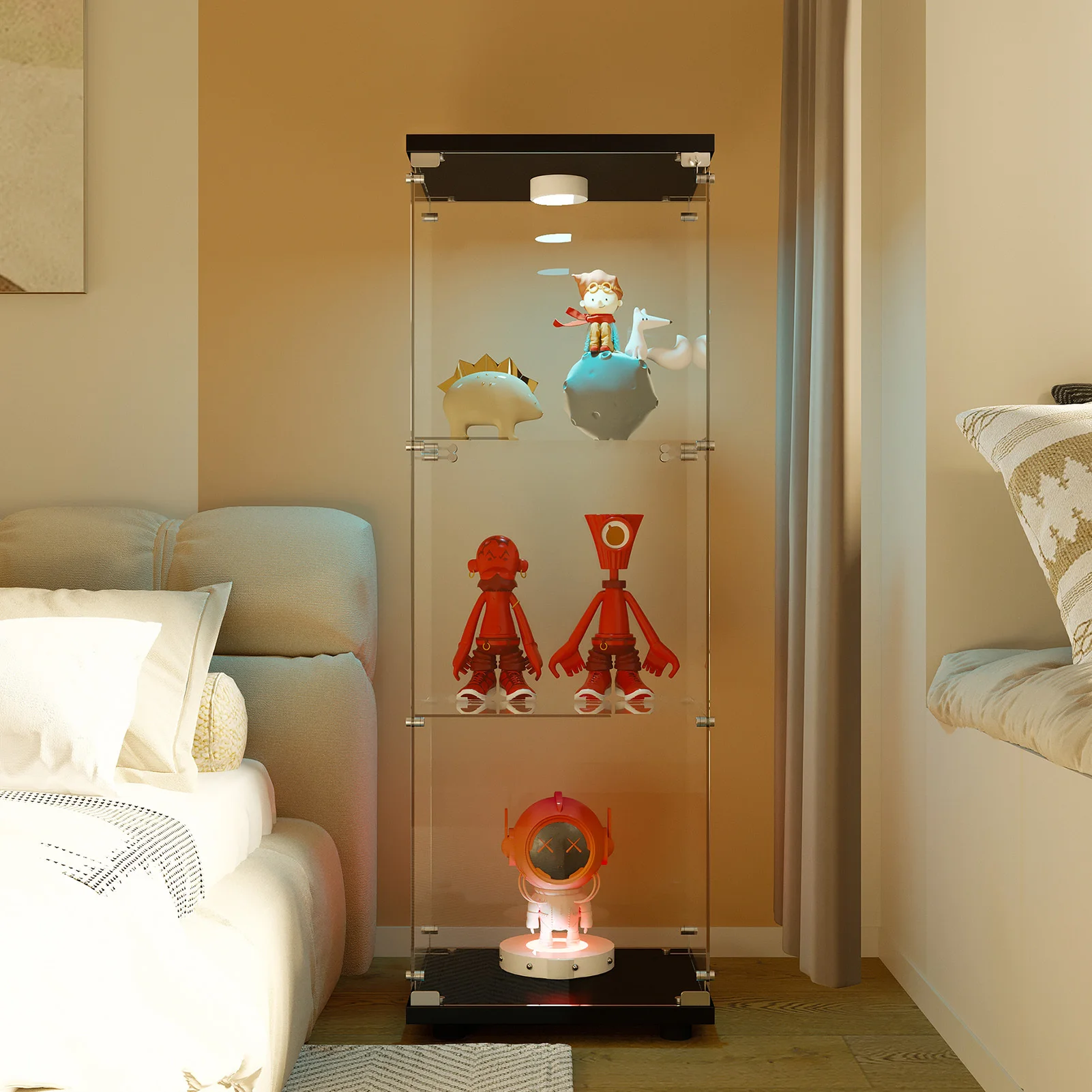 Glasvitrine, 2 Ebenen, Glasschrank, Wohnzimmer mit LED, moderner Glassammlungsschrank, Glasschrank für Schreibtisch, Objektschrank – Detail 5