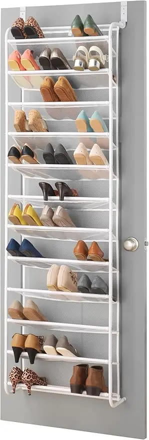 White over-the-door shoe organizer. Holds 36 pairs, metal and mesh design. Space-saving and durable. 2