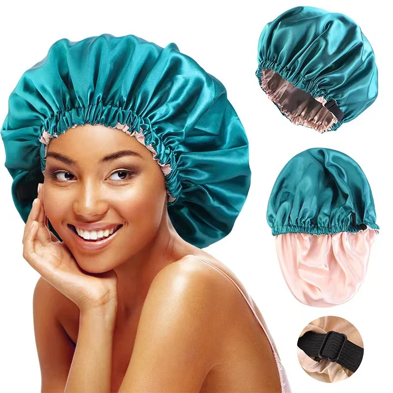 

Satin silk nightcap available in various colors with adjustable buttons on the edge for home care and hair care