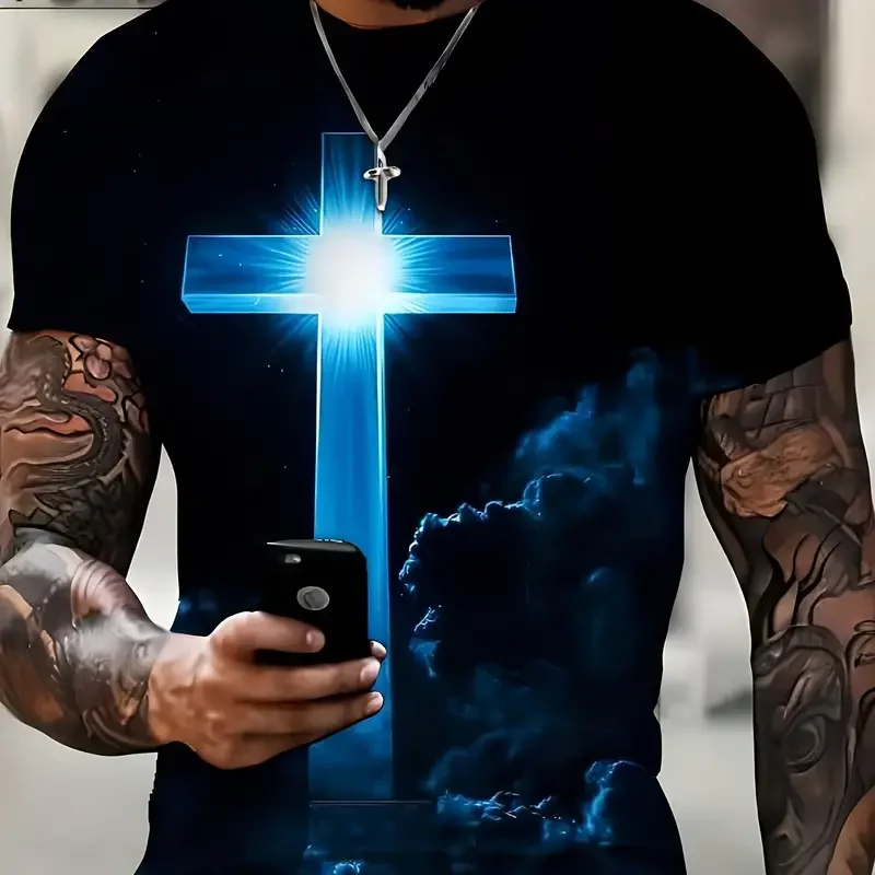 Camiseta masculina Jesus Cross estampada em 3D, Vintage, Harajuku Street Tops, T respirável, extragrande, camiseta esportiva, roupa casual 13 A4780afb31db24be5af818cf6aa5c473fc