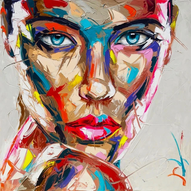 Toile Peinture Visage - Femme - Peinture à l'Huile - Coloré - Art - 90x60  cm 