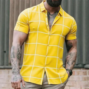 Camicia a quadri geometrica da uomo in 10 colori Camicia a maniche corte con bottoni estivi Camicia con risvolto primaverile estiva per vacanze all'aria aperta casual alla moda 1