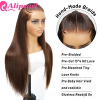 AliPearl Hair-Perruque droite pré-tressée en 3 parties brun foncé, densité 250%, 13x4, pre-c 3
