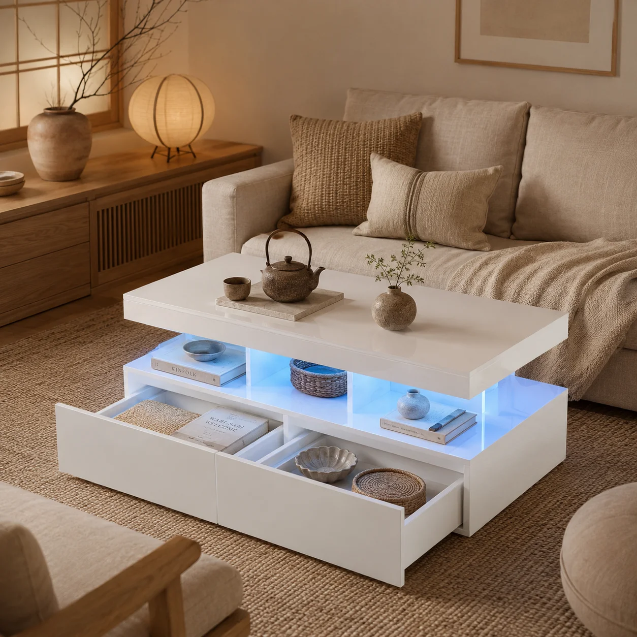 Table Basse Rectangulaire avec éclairage LED, Table Basse Haute Brillance Moderne, Table d'appoint Table de Salon avec Etagère Ouverte et 2 Tiroirs, 104x53x46 cm 1 Table Basse Rectangulaire avec éclairage LED, Table Basse Haute Brillance Moderne, Table d'appoint Table de Salon avec Etagère Ouverte et 2 Tiroirs, 104x53x46 cm 1