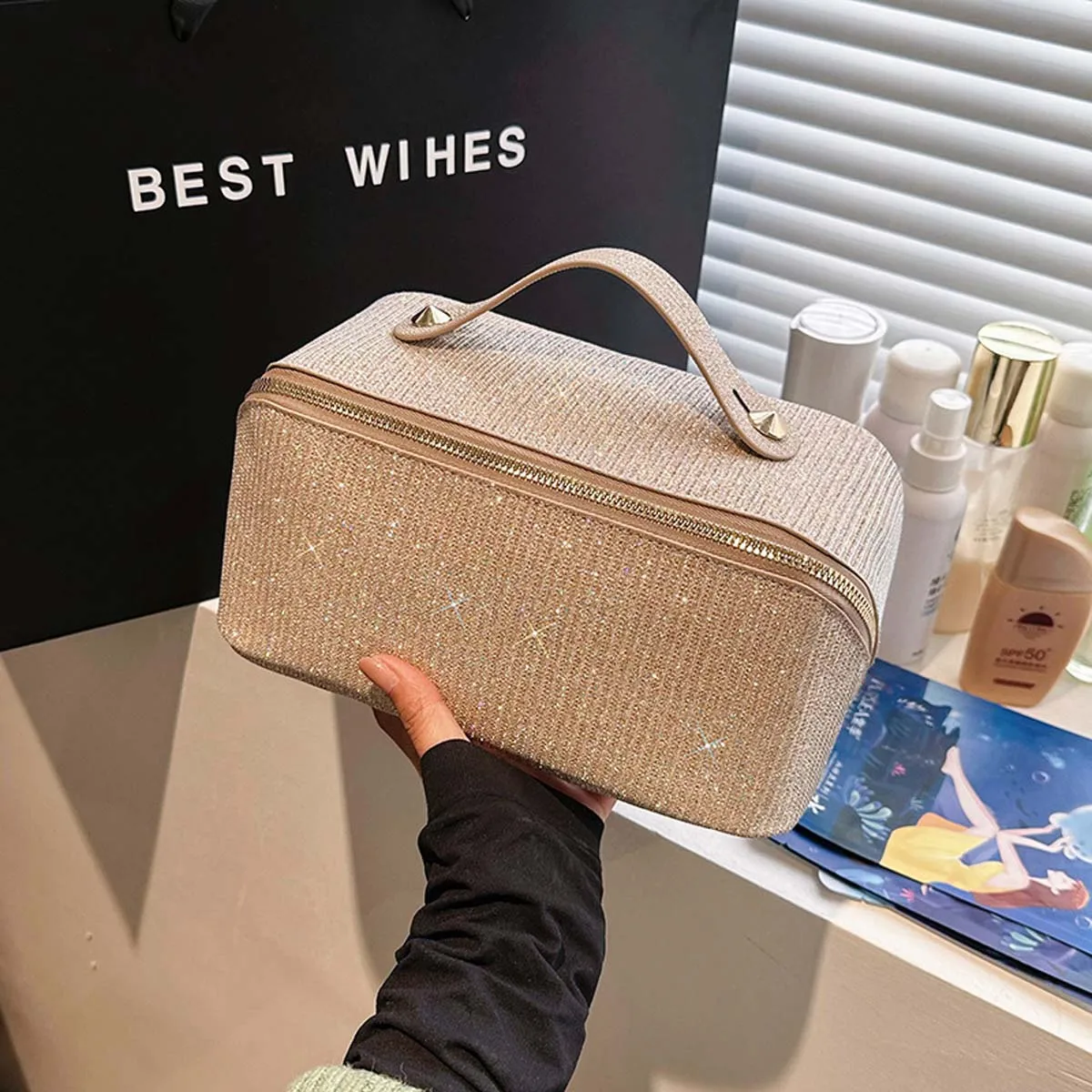 YANZAI Large-capacity Makeup Bag PU Leather Portable Travel Wash Cosmetic Bag Toiletries Organizer Female Storage Handheld Box 2