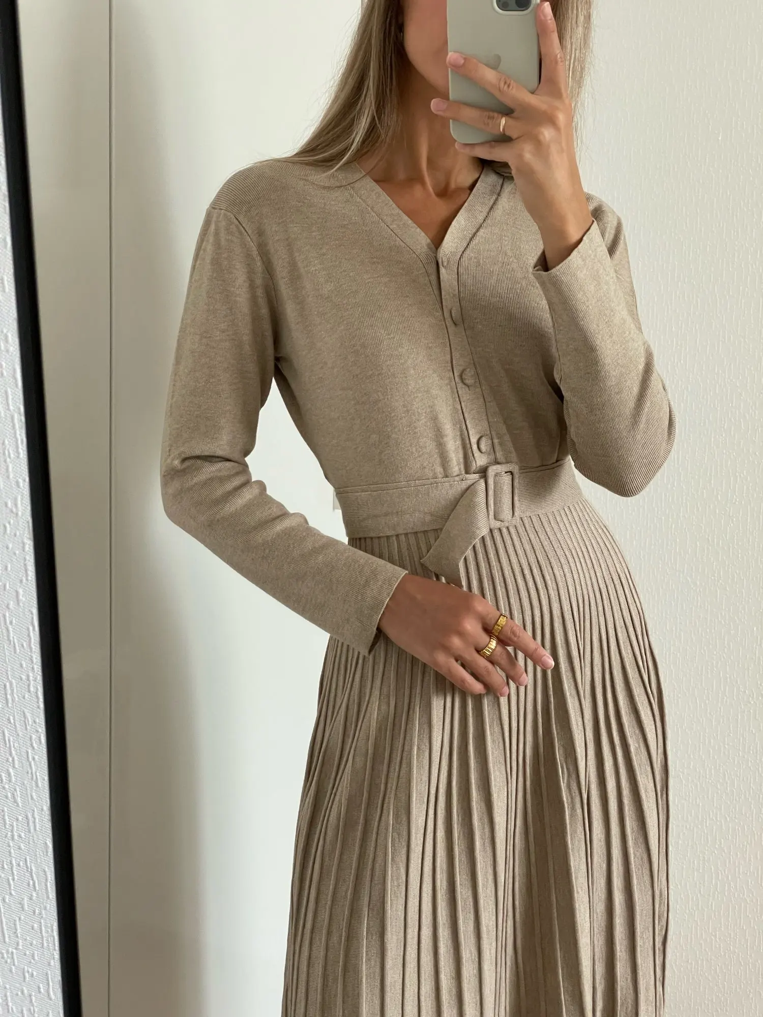 Bgteever- Elegant Thick Sweater Dress For Women, Single-breasted And V-neck, Soft Trapeze Dress With Belt, Fall Winter Collection 2021 photo review