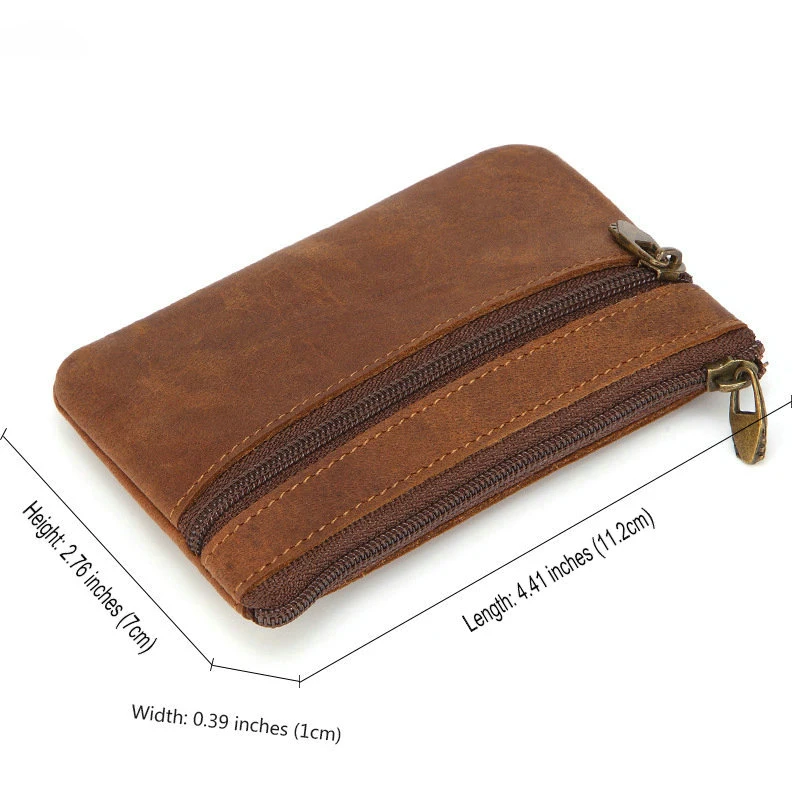 New Custom Name Simple Mini Retro Crazy Horse Leather Men's Small Coin Purse Double Zipper Key Bag Card Portable Pocket Wallet