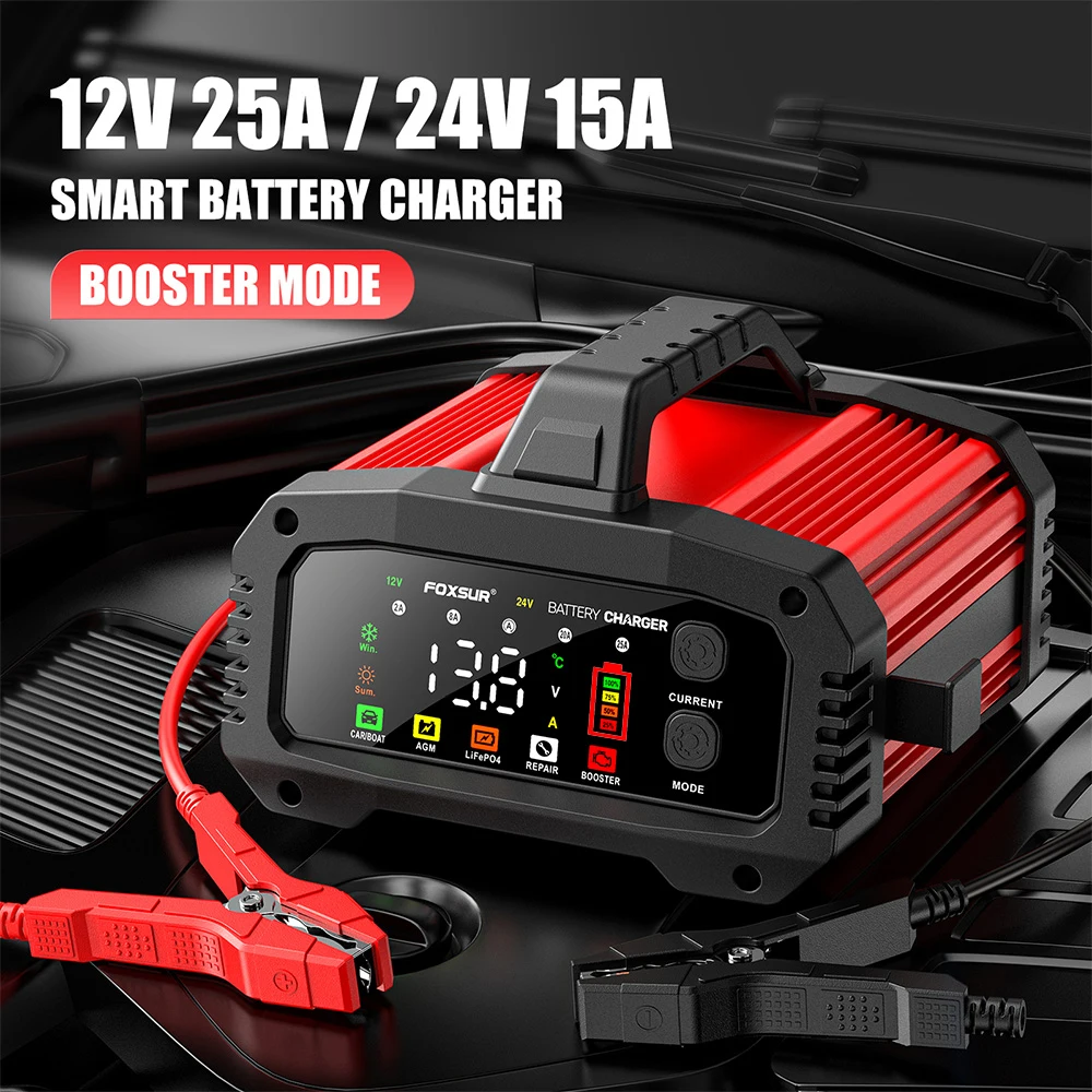Chargeur de batterie intelligent portable 25A/15A pour batteries de voiture et moto 12V-24V (plomb-acide, AGM, GEL, LiFePo4) avec fonction de réparation par impulsions et booster de démarrage 1