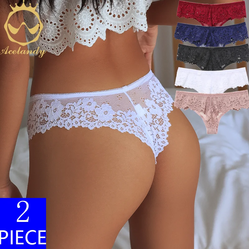 ACELANDY-2Pcs/Lot Women Sexy Lace Lingerie Temptation Low-waist Panties  Embroidery Thong Transparent Hollow Out Underwear