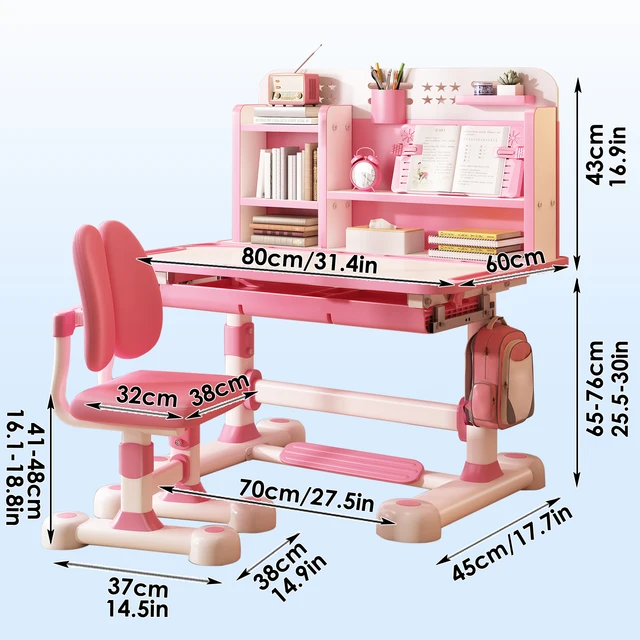17968-748c3f.jpg 2Pcs Kids Study Desk Chair Set, Height Adjustable School Table Chair Set with Sitting Corrector, Ergonomic Desk Chair Furniture