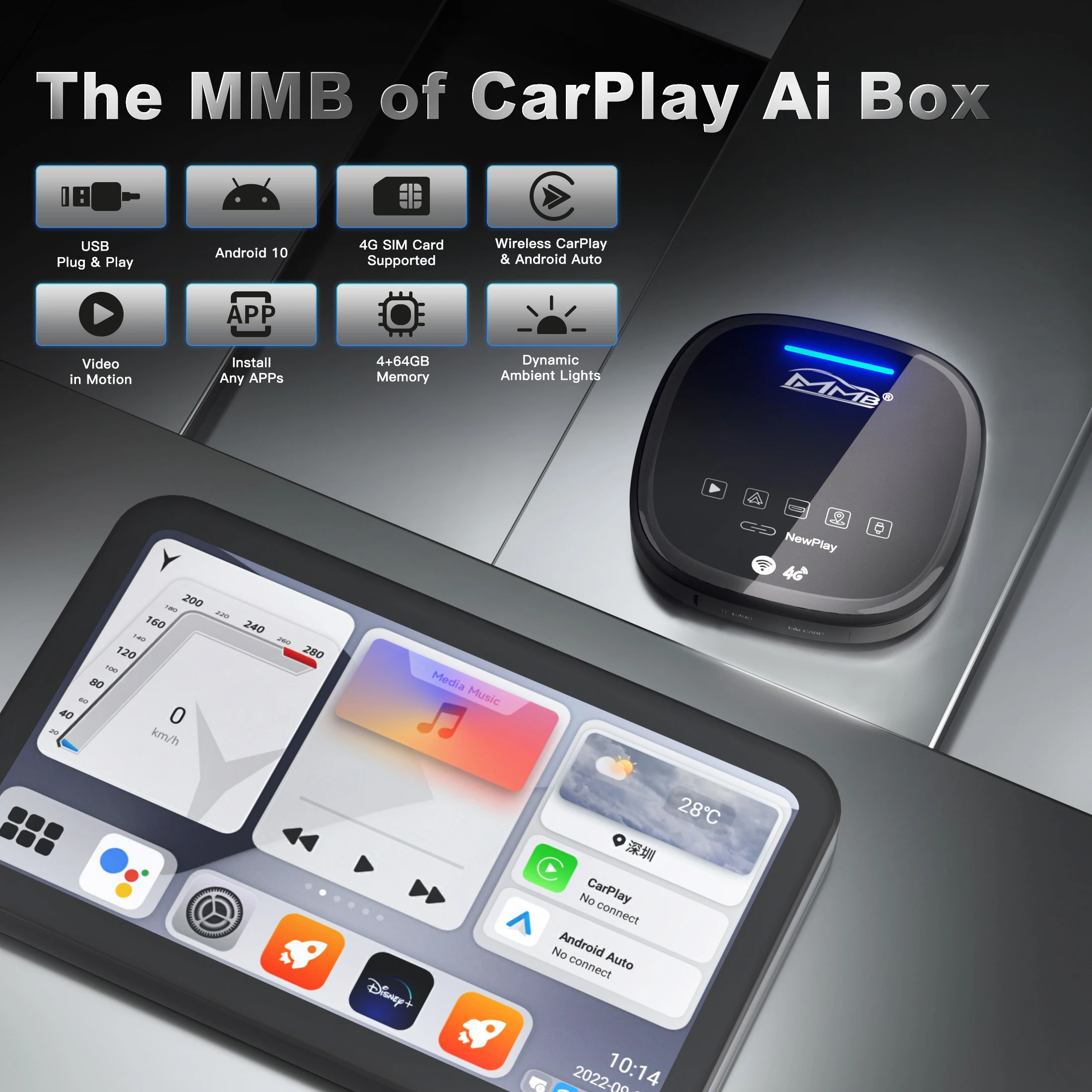 MMB MAX Caja inalámbrica con sistema operativo Android 10, CarPlay, Ai