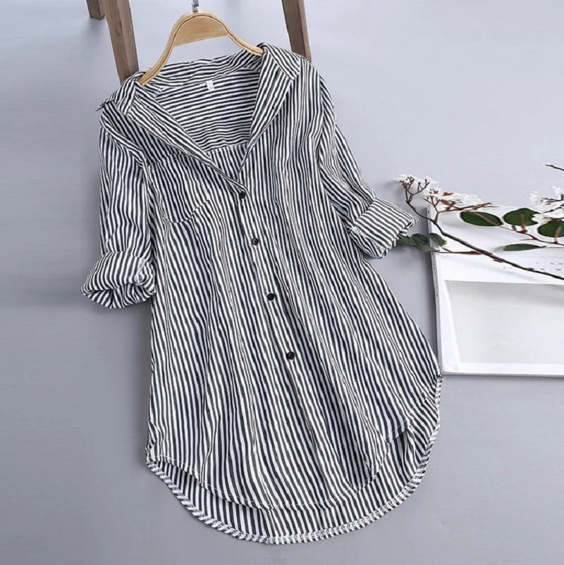 Ladies Turn-Down Collar Blouse Shirt Top Spring Autumn Loose Casual Female Women Striped Long Sleeve Blouse Top Shirt Plus Size 6