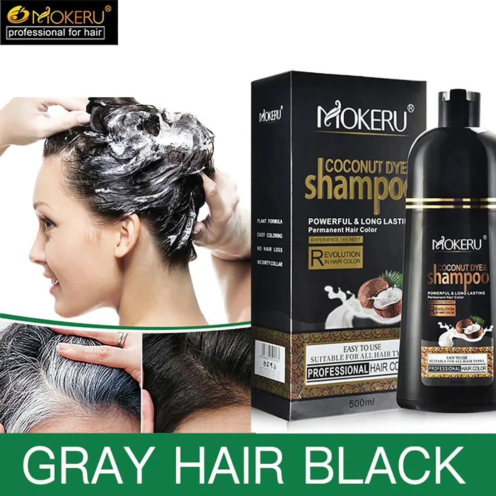Hair Dye Shampoo Mokeru 500ml Natural Organic Coconut Oil Essence Black Hair Dye Shampoo Covering Gray Hair Permanent Coloring Dye Shampoo