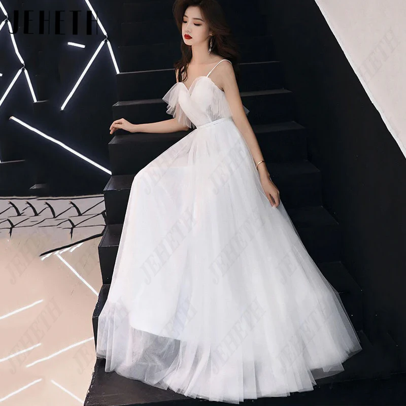 

JEHETH Tulle Spaghetti Straps Korea Wedding Dresses For Women V-Neck Pleat Bridal Gowns Sexy A-Line Backless 웨딩드레스 Custome Made