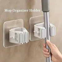 4 Piece White Non Perforated Mop Holder, Self-adhesive Installation, Suitable for Kitchen and Bathroom - Can Fix Brooms, Mops