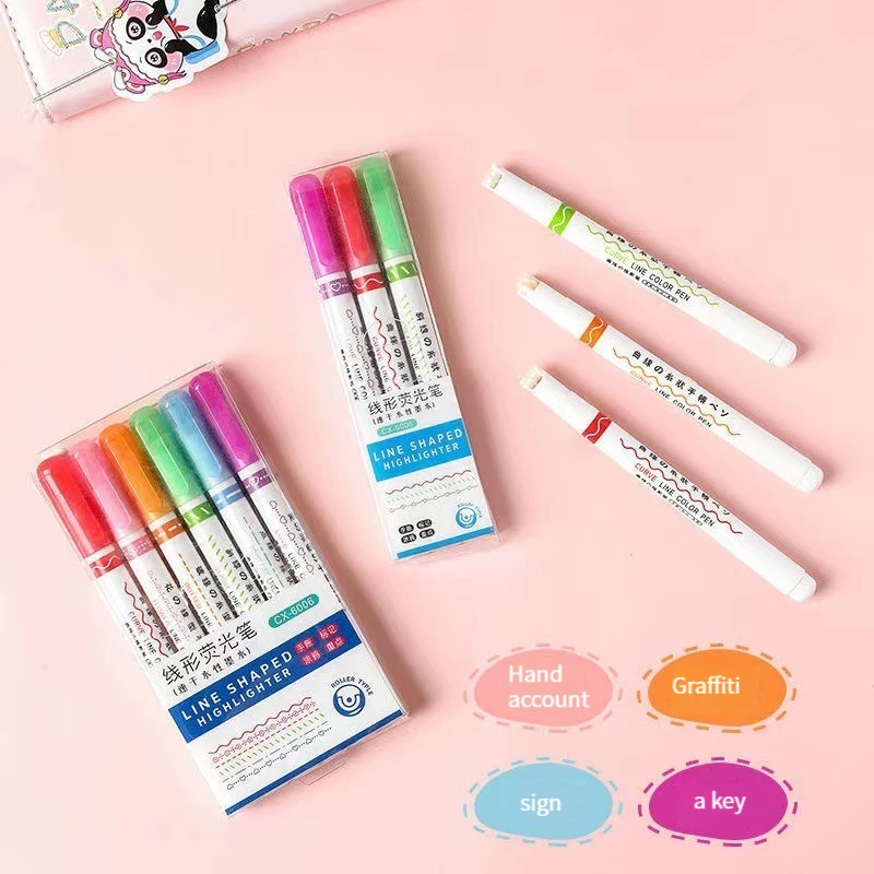 6pcs Heart Flower Dot Line Shaped Highlighter Pen Color Roller Tip Curve  Liner Marker Highlighter School Supplies Stationery