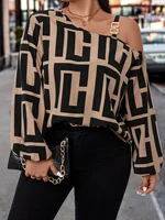 plus Size Fashion Geometric Print Top Metal Ring Buckle One Shoulder Design Long Sleeve Women's Shirt - Image 5