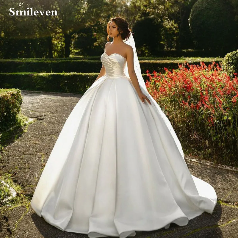 

Smileven Satin Princess Wedding Dress Ball Gown Long Sleeve Bride Dresses vestidos de novia Off The Shoulder Bridal Gowns