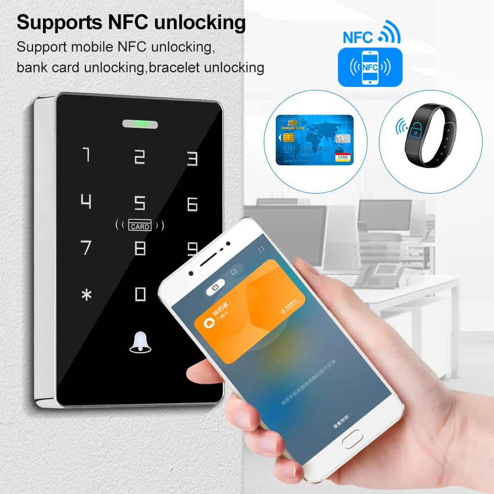 NFC Backlight Touch Dual Frequency 125KHz + 13.56MHz RFID Card Access Control Keypad Door Lock Opener WG Output IP68 Watreproof access control keypad