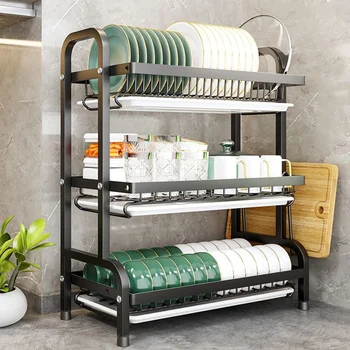 Kitchen Dish Drying Rack 3-Tier Compact Kitchen Dish Racks Drainboard Set Large Rust-Proof Drainer with Utensil Holder 2