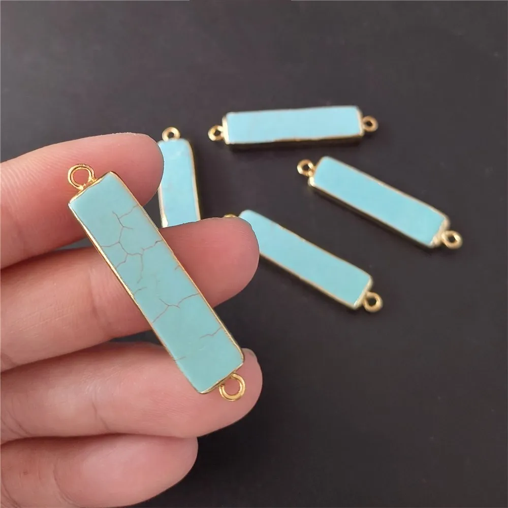 FUWO Wholesale Rectangle White Stone Connector Pendant Golden Plated Double Bail Blue Howlite For Necklace Making PD008