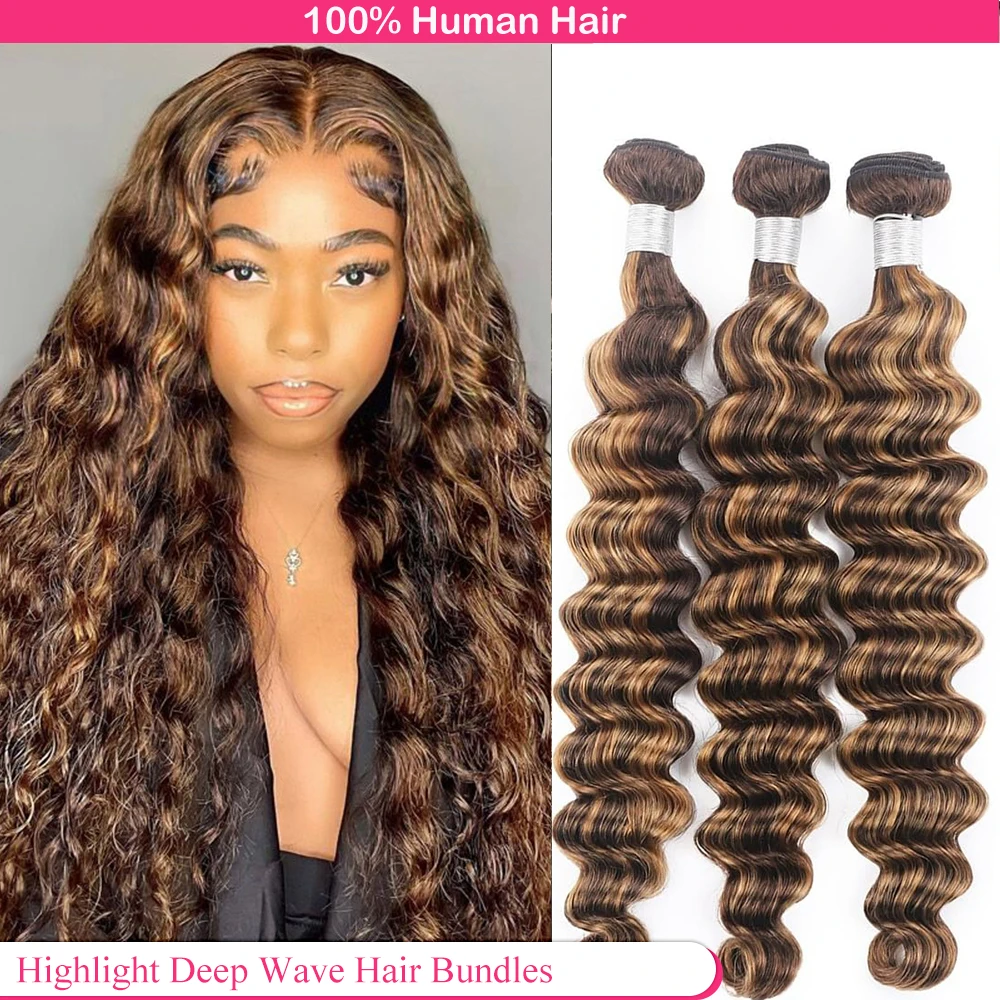 Highlight Bundles Human Hair Deep Wave Raw Human Hair Bundles 1/3/4 PC Ombre Honey Blonde Colored Brazilian Remy Hair Extension