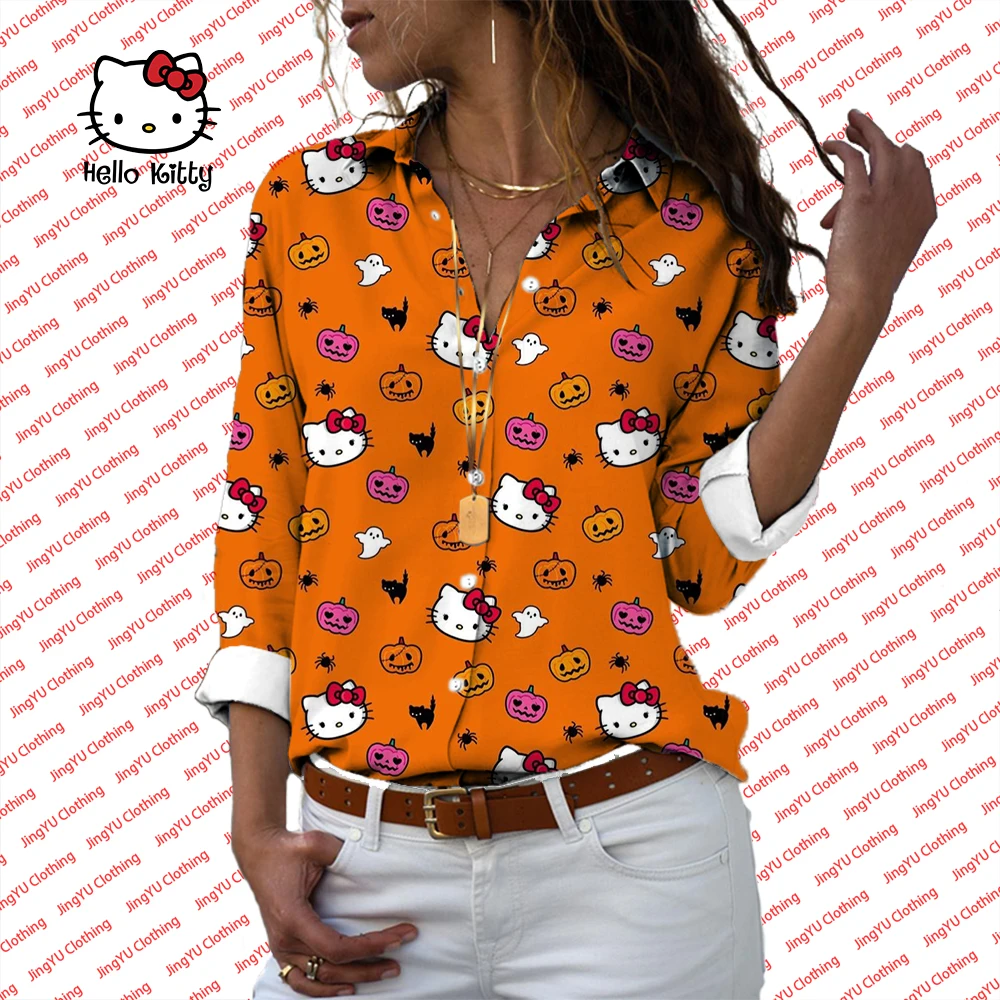

2023 New 3D Shirt Print Hello Kitty Women's Fashion Streetwear Lapel Custom Design Shirt Cute Style Tops Women's Universal Shirt