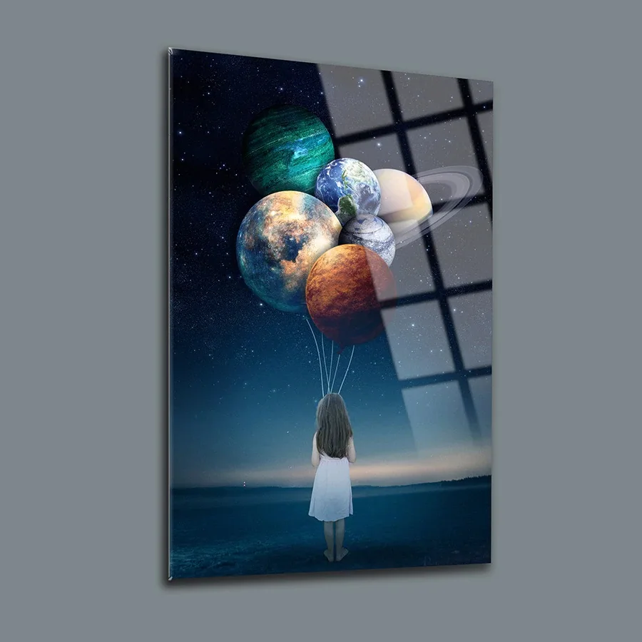 

Planet Balloons Decor, Glass Wall Art, Frameless Free Floating Tempered Glass Panel, Home Office Living Room Decoration,
