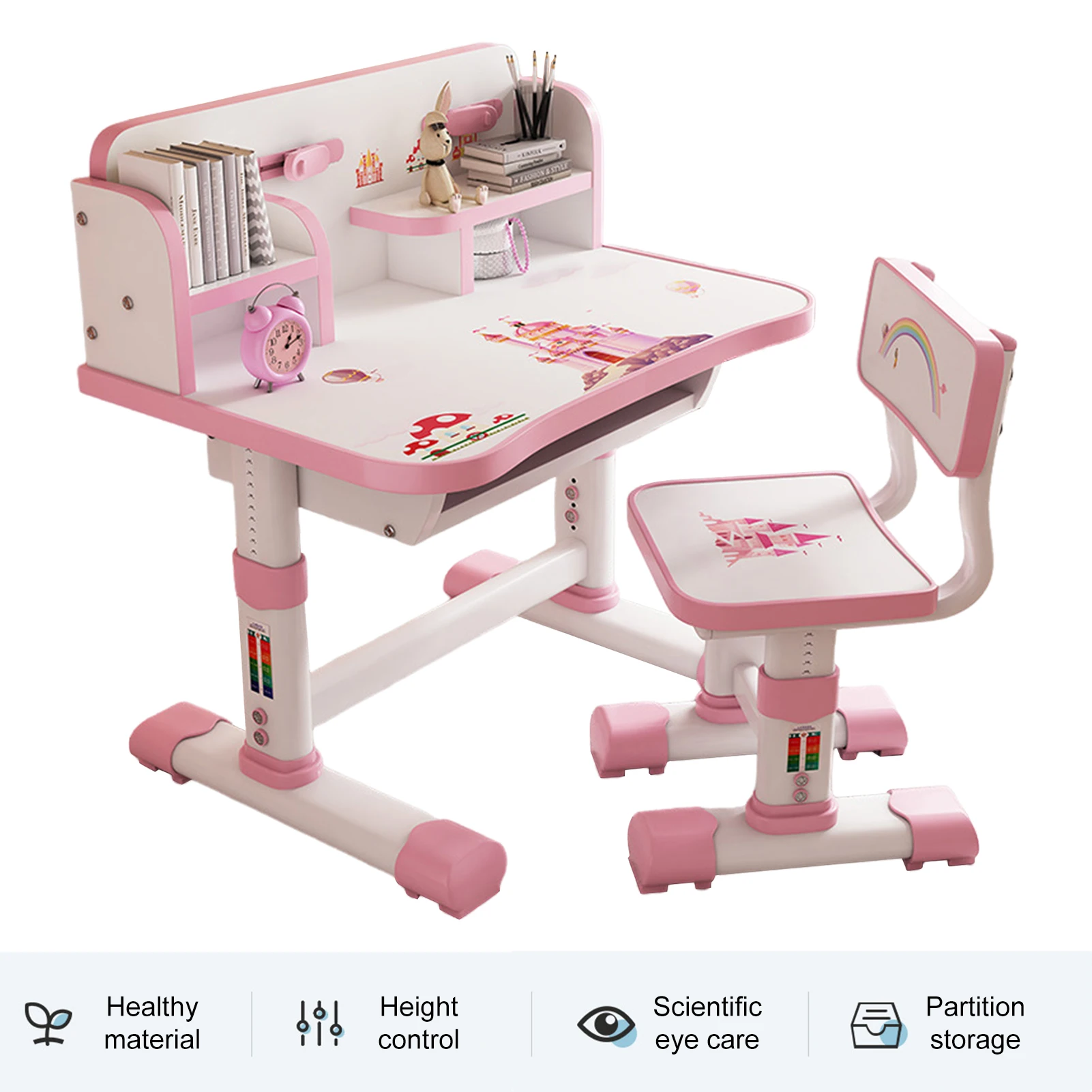 Kids Functional Desk and Chair Set, Height Adjustable Children School Study Table Chair Set, Ergonomic Desk Chair with Drawer 4
