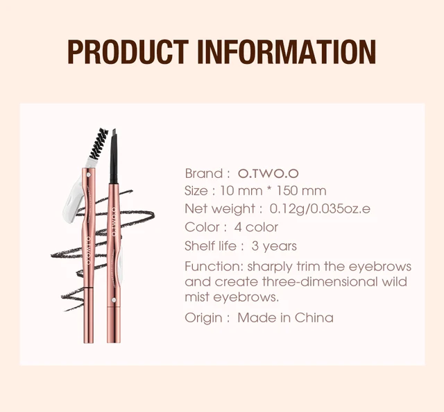 O.TWO.O Eyebrow Pencil 3 in 1 Fine Precise Brow Definer Waterproof Natural  4 Colors Brown Eye Brow Pen With Eyebrow Trimmer