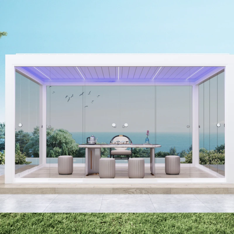 Freestanding Louvered Pergola with 6063T6 Heavy Duty Frame and Full Glass Enclosure for Year-Round Outdoor Use